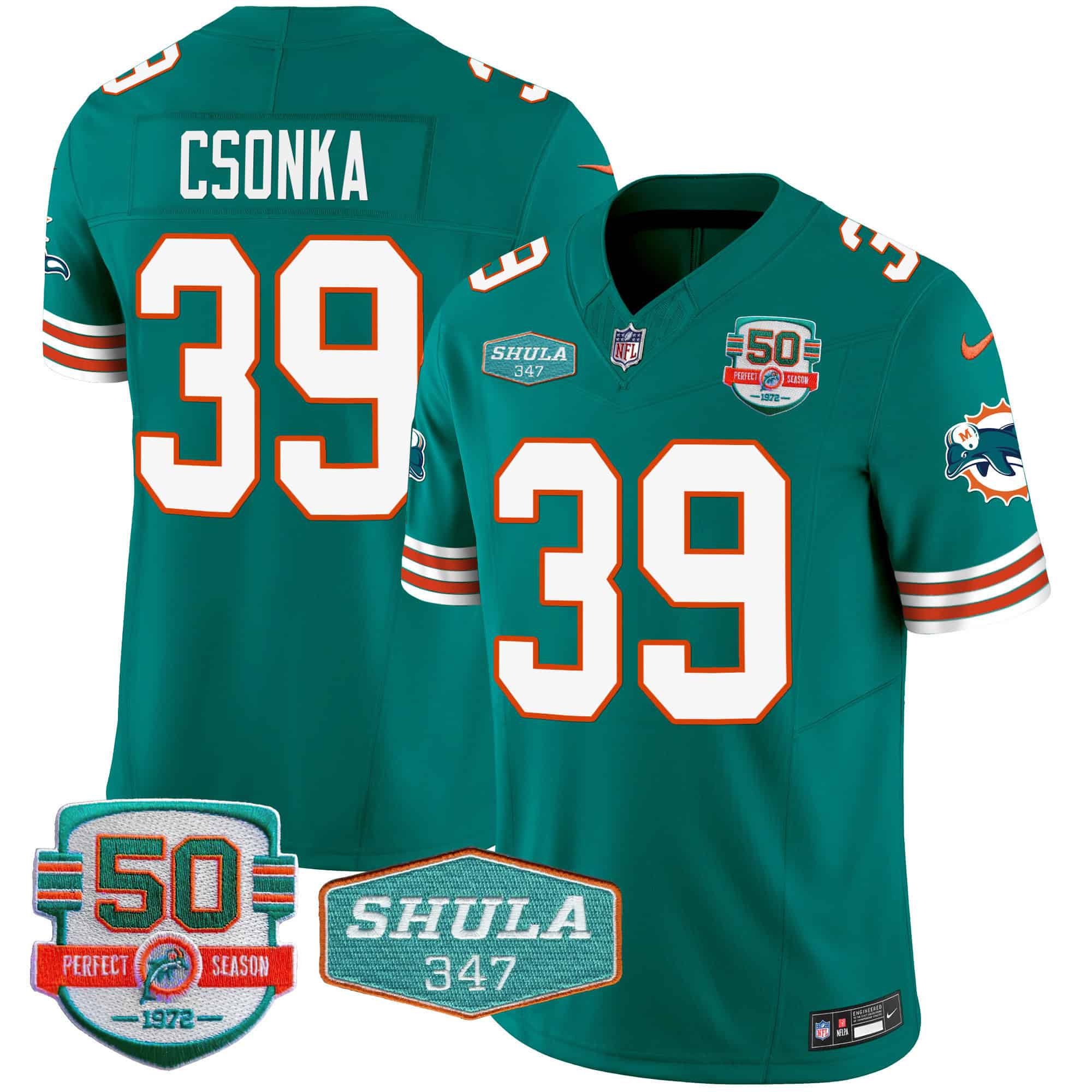 Men Miami Dolphins #39 Csonka Green 2024 Nike Throwback Shula 347 Patch Vapor NFL Jersey style 1